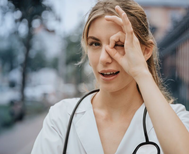 Junge Medizinstudentin macht Handzeichen bzw. fokussiert etwas