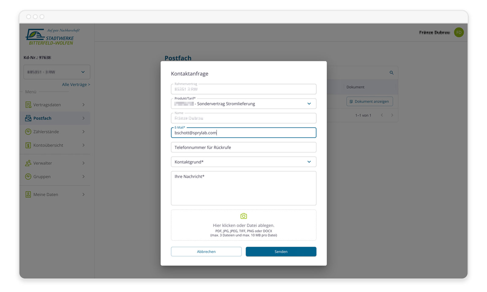 Kundenportal Entwicklung Stadtwerke Kontaktanfrage