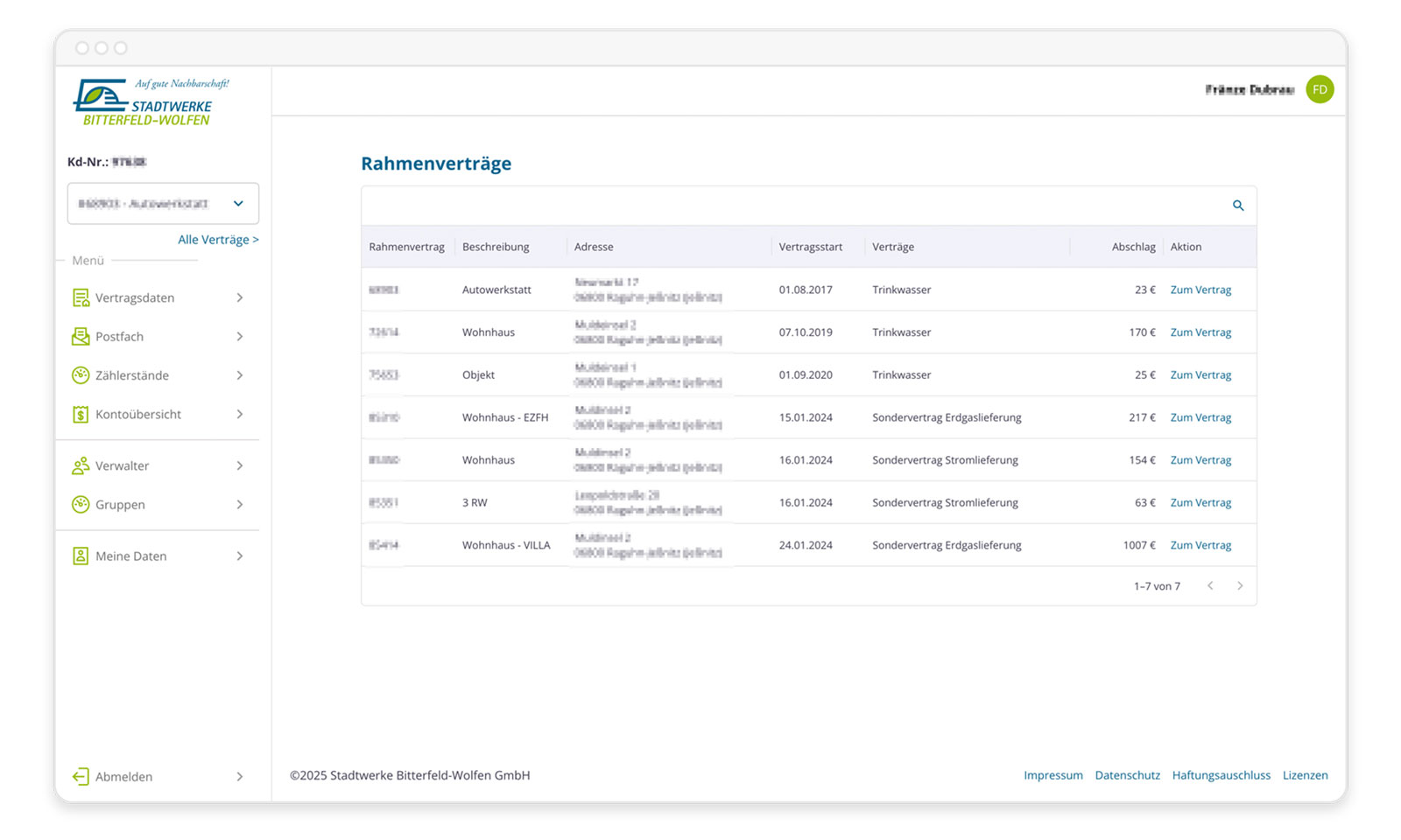 Kundenportal Entwicklung Stadtwerke Rahmenverträge