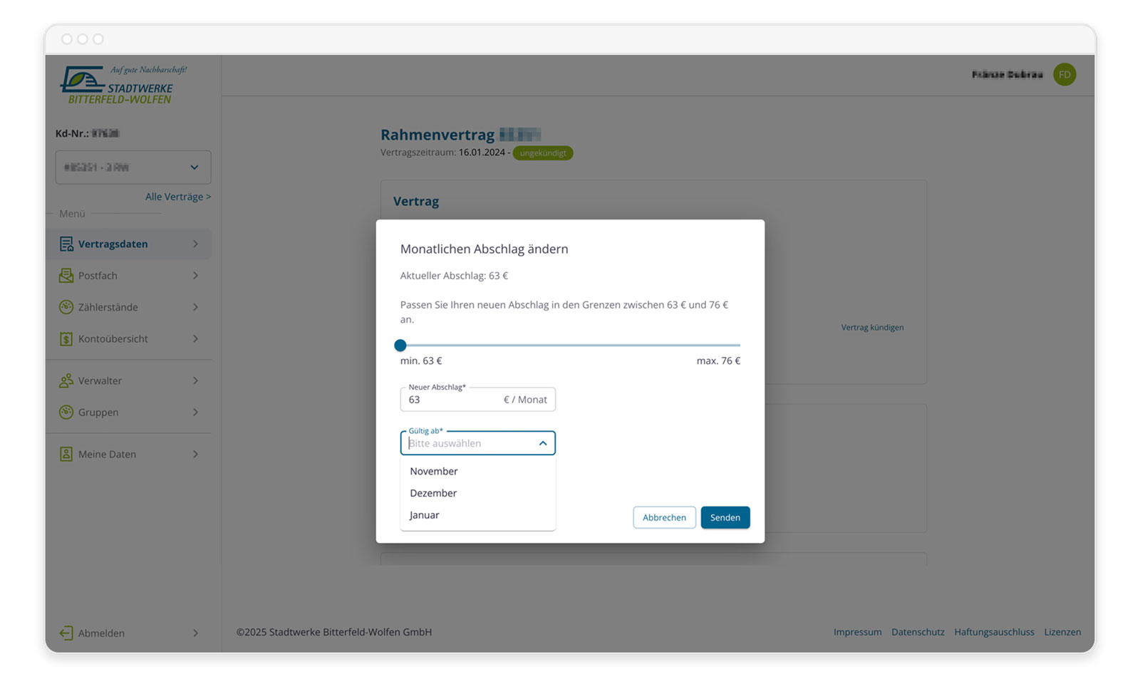 Kundenportal Entwicklung Stadtwerke Abschlaganpassung