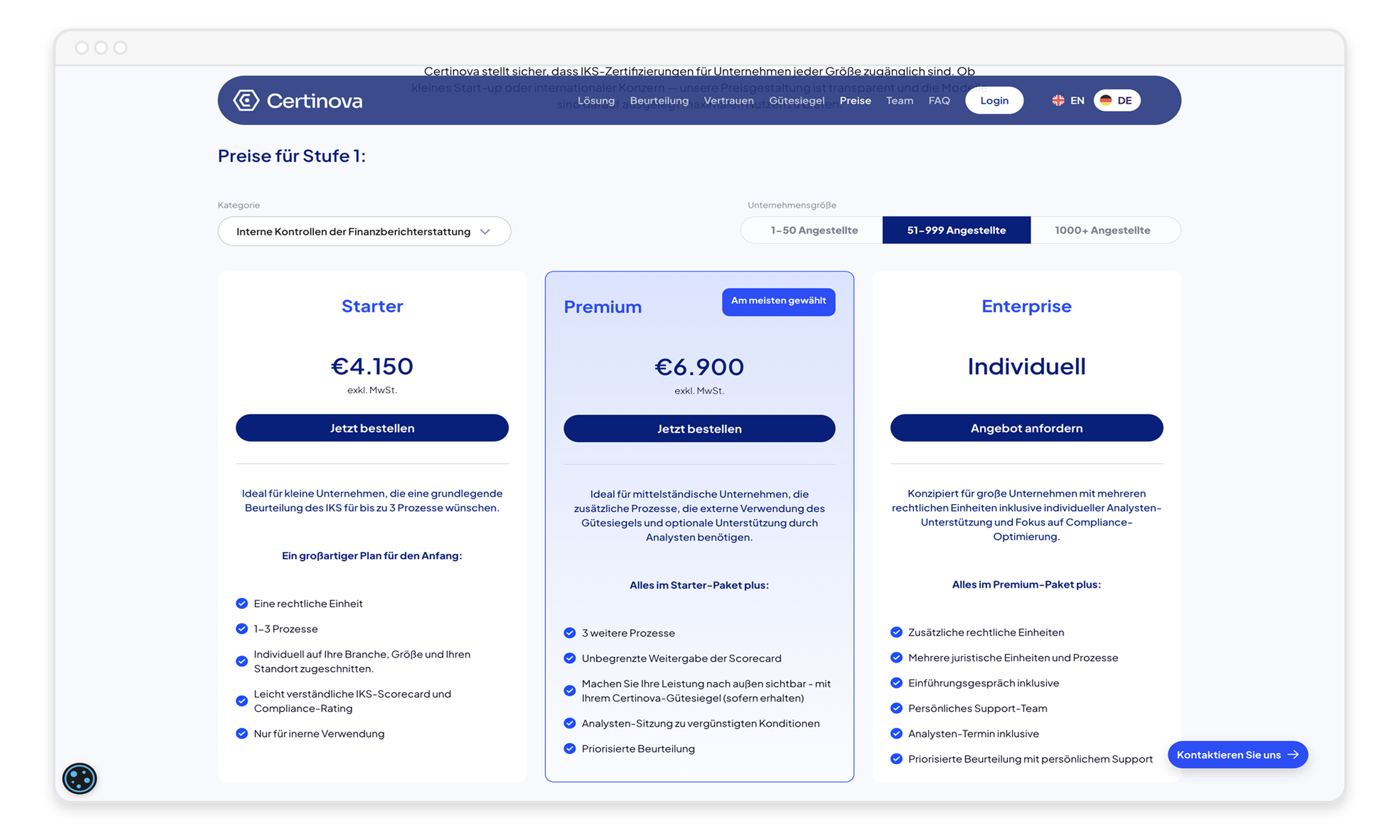 Digitale Plattform Certinova Preismodelle für IKS-Bewertung und Zertifizierung