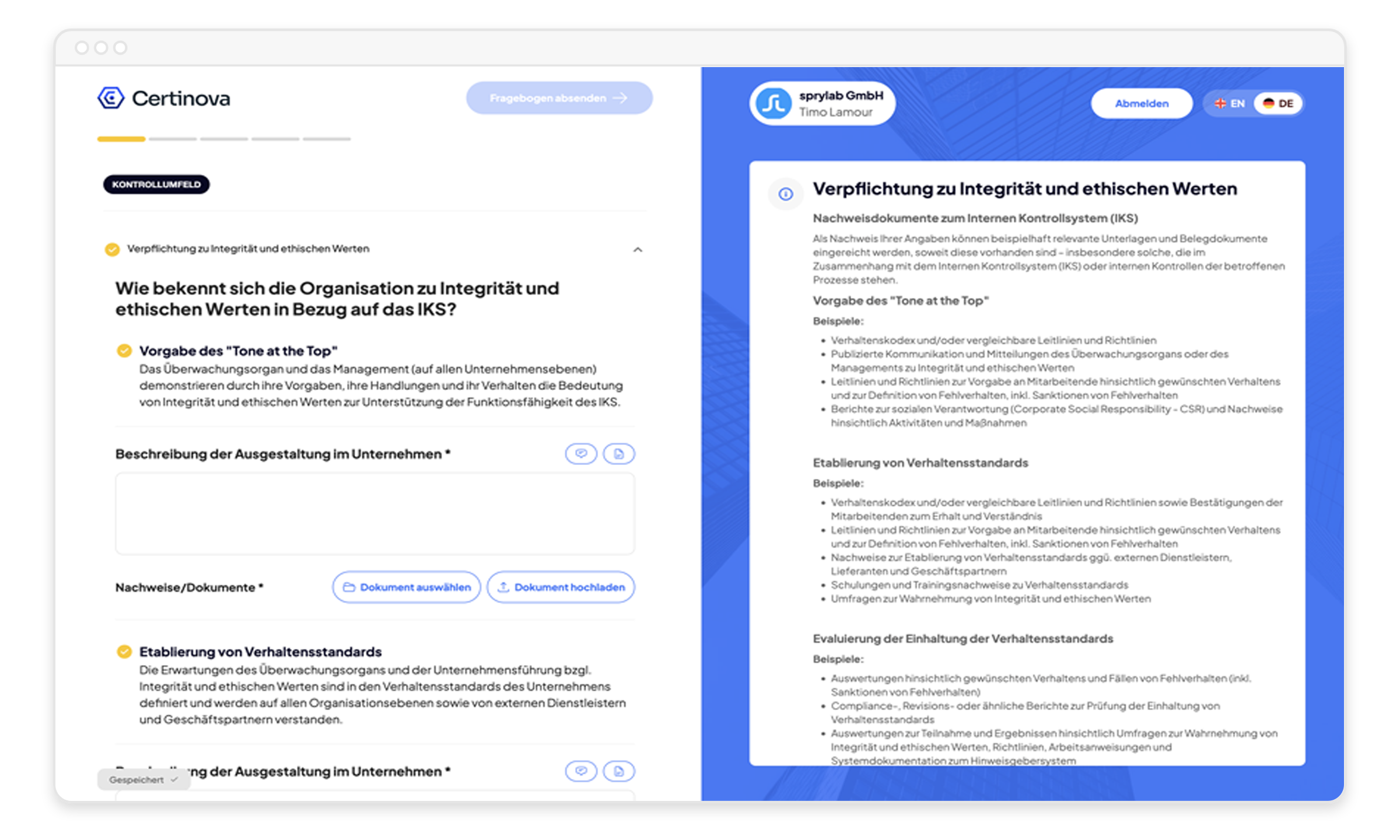 Digitale Plattform Certinova Fragebogen zur Bewertung von Integrität und ethischen Werten