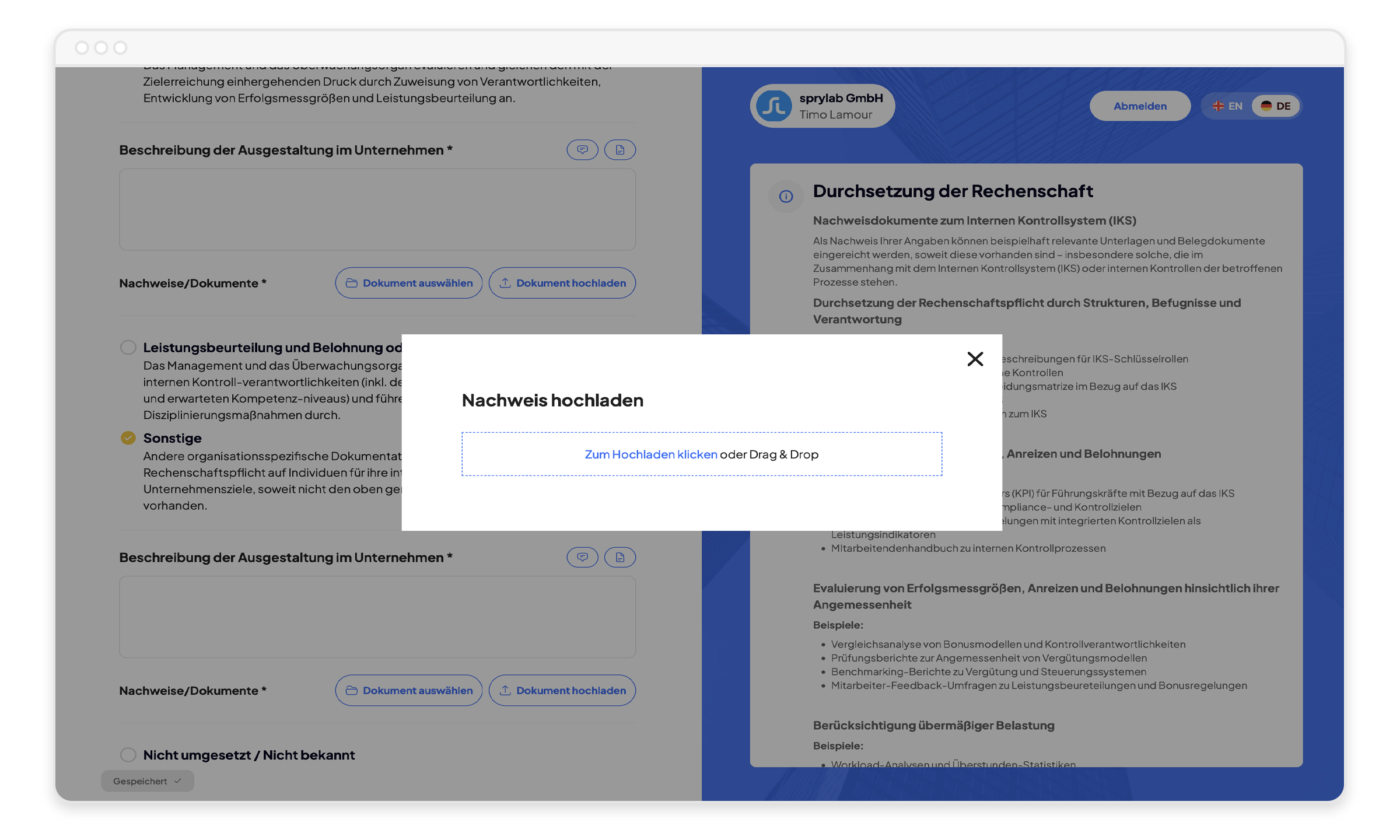 Digitale Plattform Certinova Formular zur IKS-Bewertung mit Dokumenten-Upload
