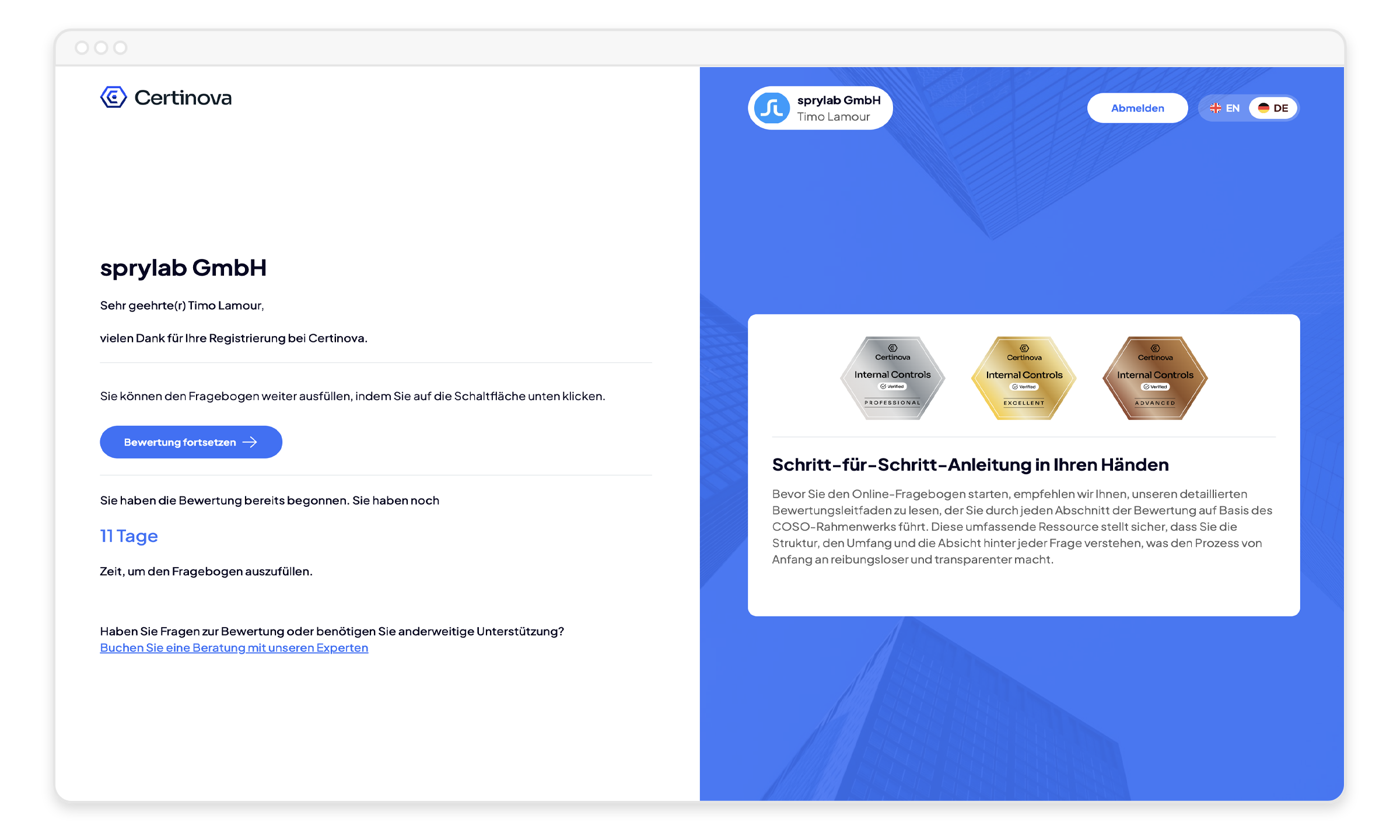 Digitale Plattform Certinova Dashboard zur IKS-Bewertung nach Registrierung
