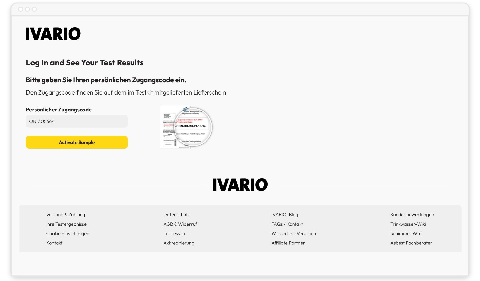 IVARIO-Login-Seite zur Aktivierung einer Wasserprobe mit persönlichem Zugangscode