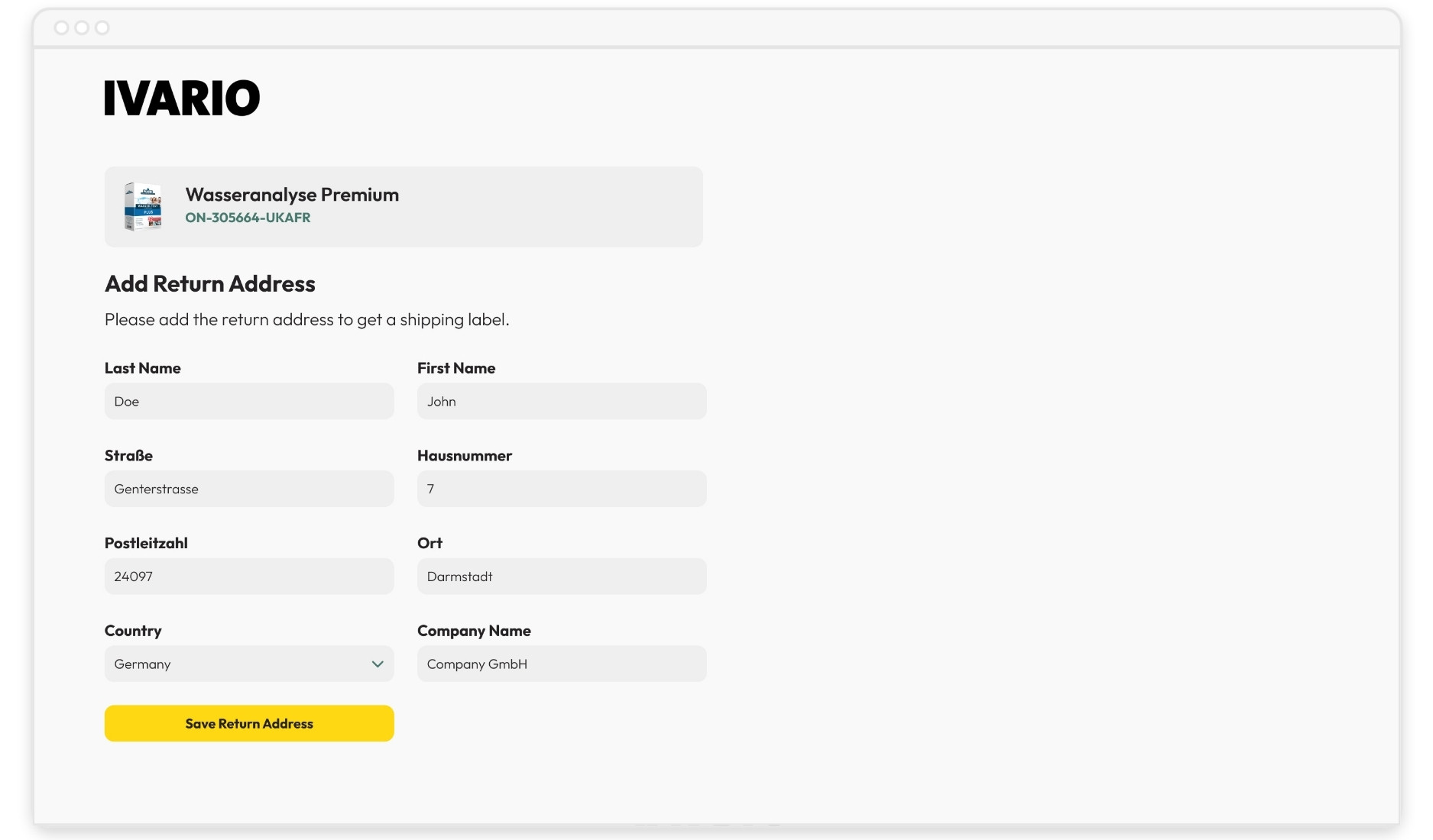 IVARIO-Formular zur Eingabe der Rücksendeadresse für den Versand einer Wasserprobe ans Labor