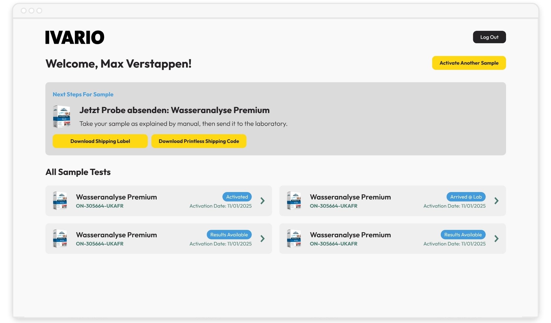 IVARIO-Nutzer-Dashboard mit Probenübersicht, Statusanzeigen und Versandlabel-Download