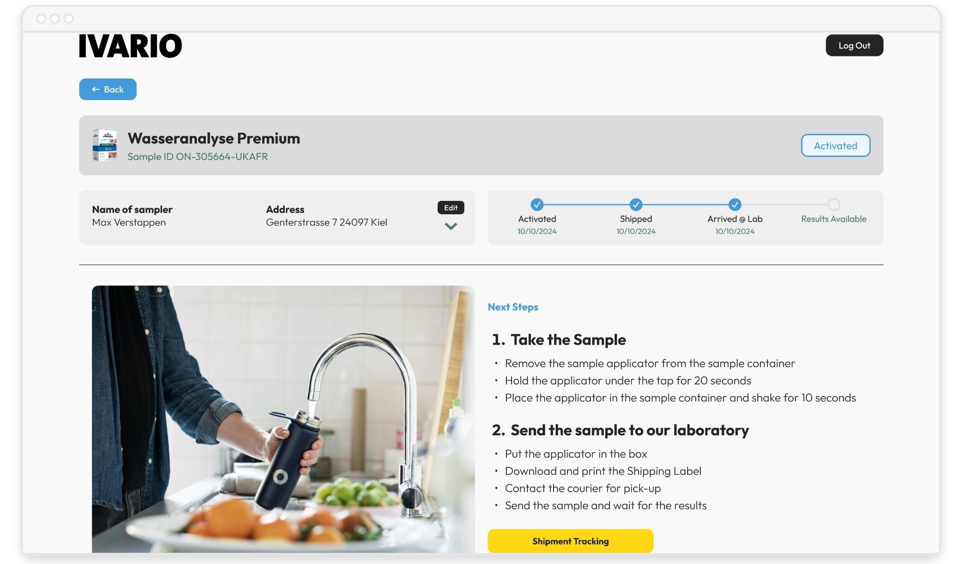 IVARIO-Detailseite mit Schritt-für-Schritt-Anleitung zur Wasserprobenahme, Tracking-Status und Versandoption