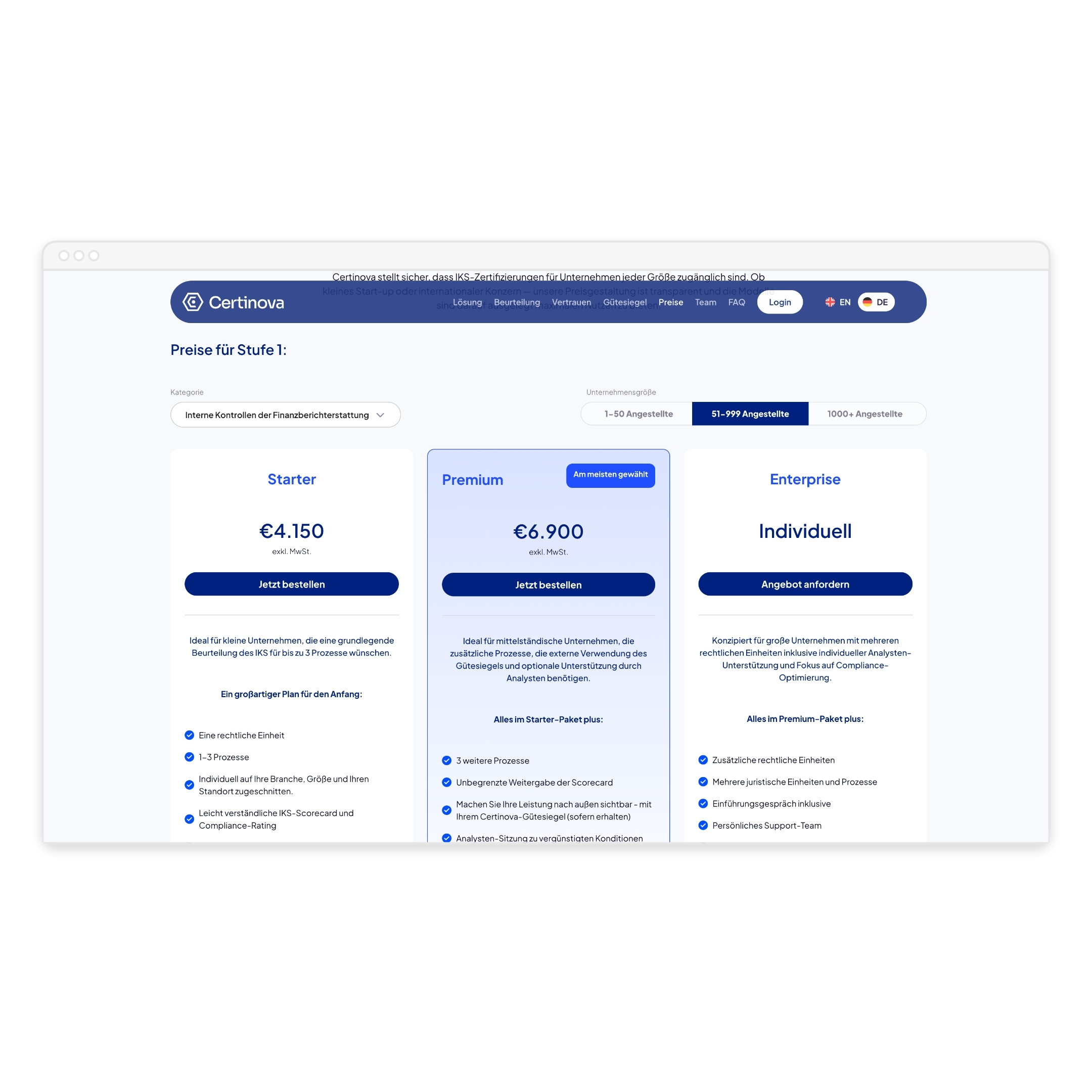 Certinova-Preisseite mit drei Paketen zur IKS-Zertifizierung: Starter, Premium und Enterprise