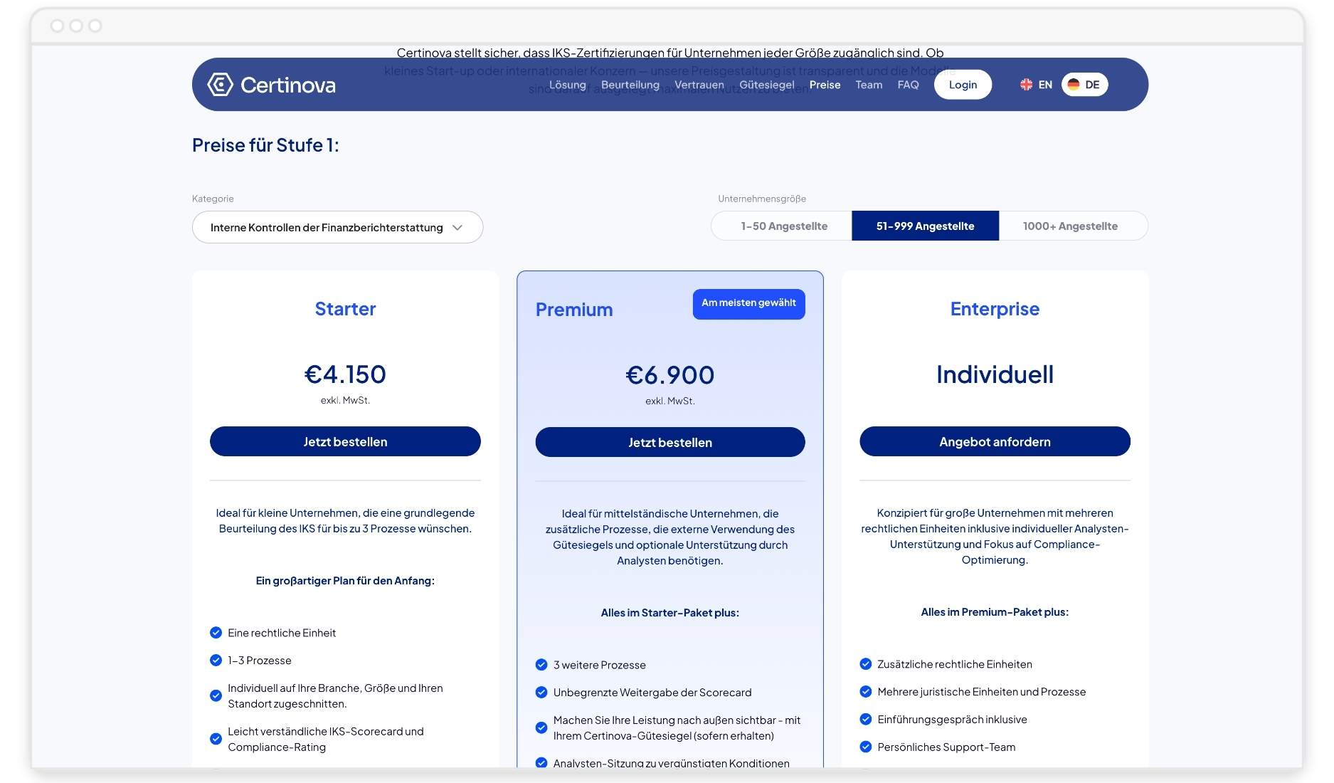Certinova-Preisseite mit drei Paketen zur IKS-Zertifizierung: Starter, Premium und Enterprise
