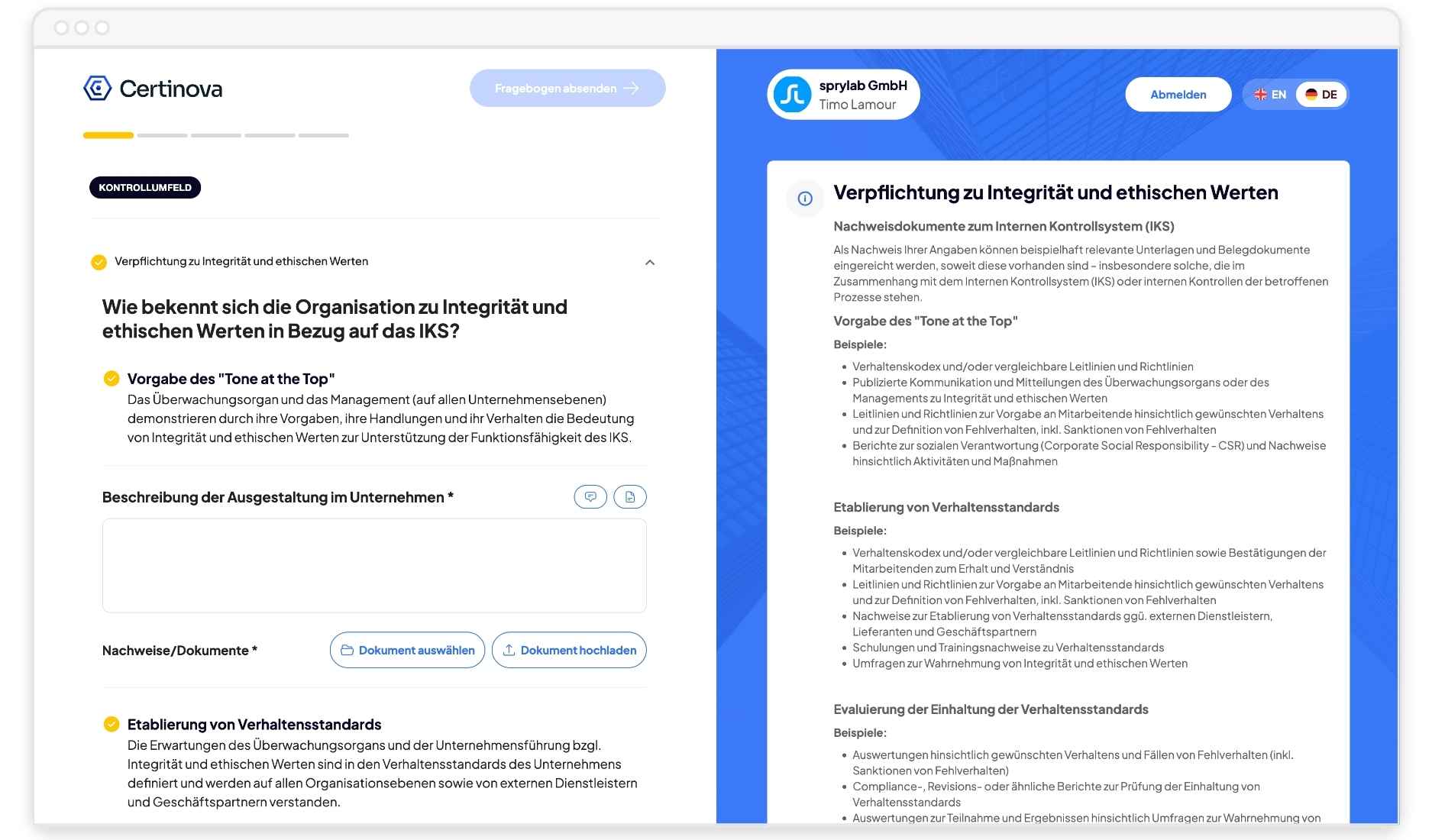 Certinova-Plattform mit IKS-Fragebogen zu Integrität und ethischen Werten sowie Nachweisdokumenten