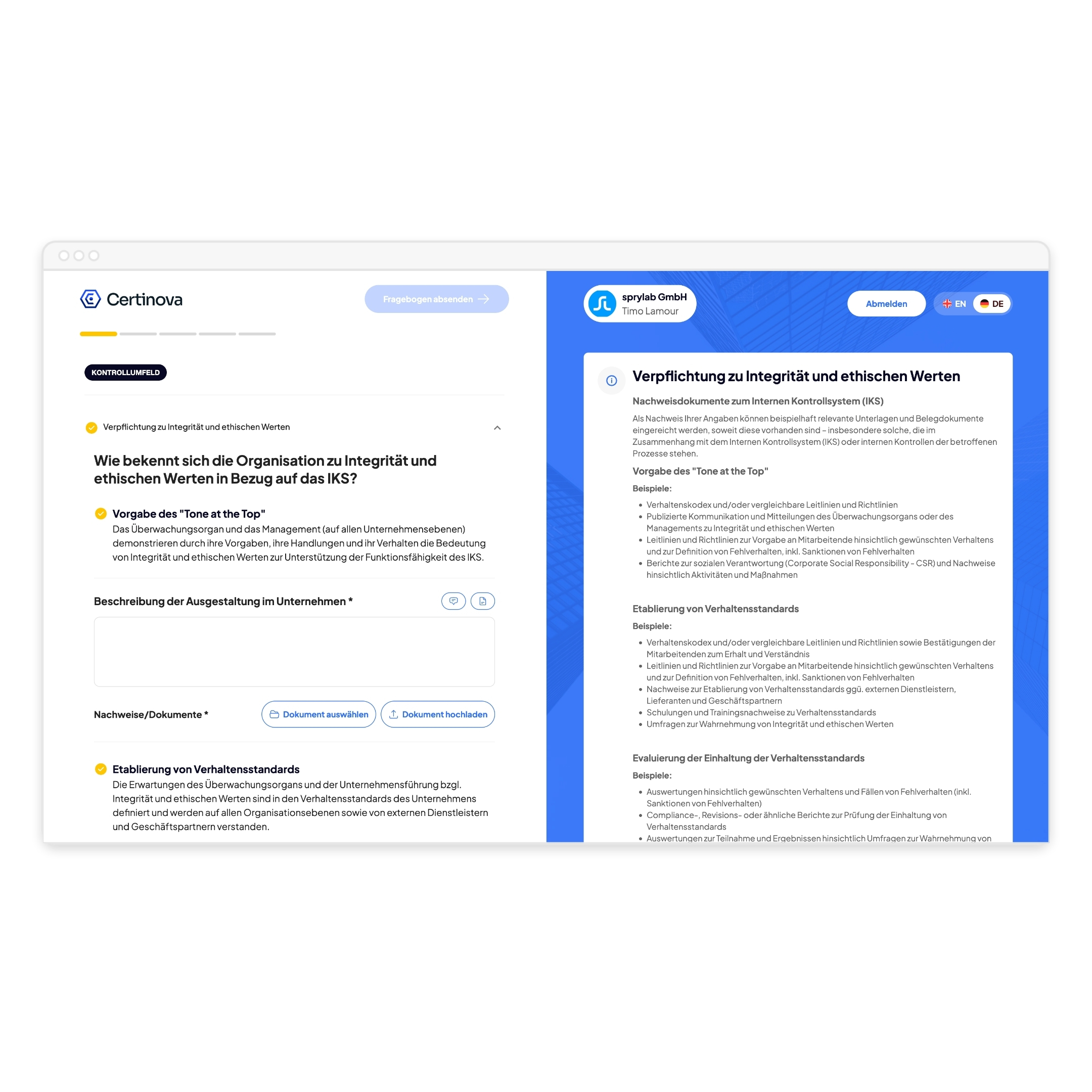 Certinova-Plattform mit IKS-Fragebogen zu Integrität und ethischen Werten sowie Nachweisdokumenten