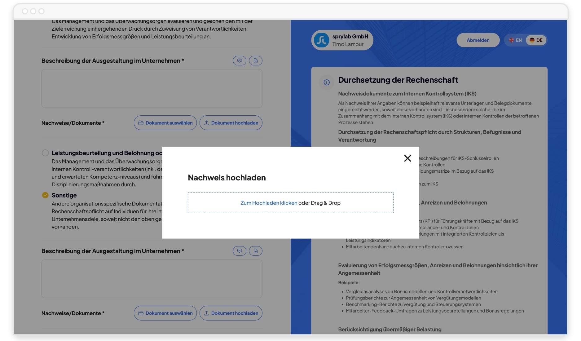 Certinova-Plattform mit Upload-Dialog für Nachweisdokumente zur IKS-Rechenschaftspflicht