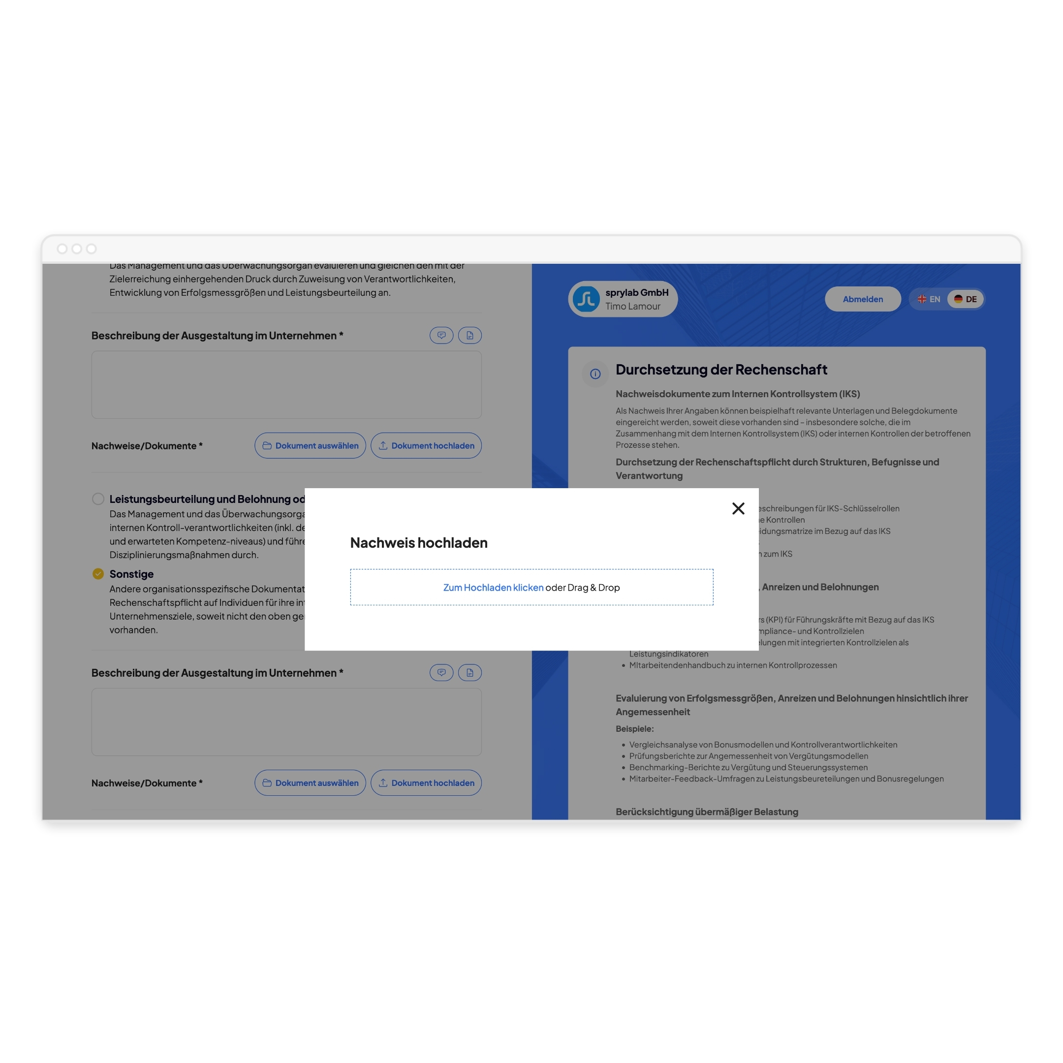 Certinova-Plattform mit Upload-Dialog für Nachweisdokumente zur IKS-Rechenschaftspflicht