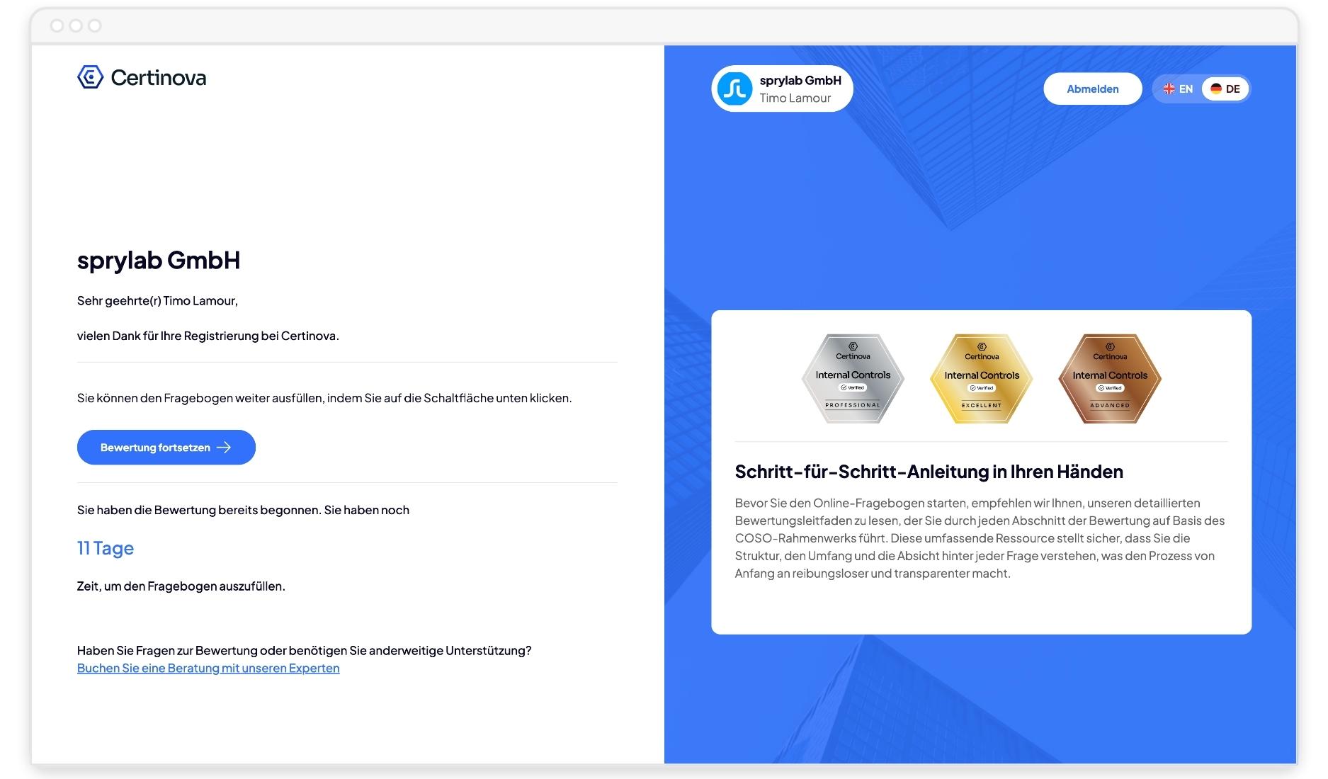 Certinova-Nutzer-Dashboard mit Bewertungsfortschritt, Gütesiegeln und COSO-Bewertungsleitfaden