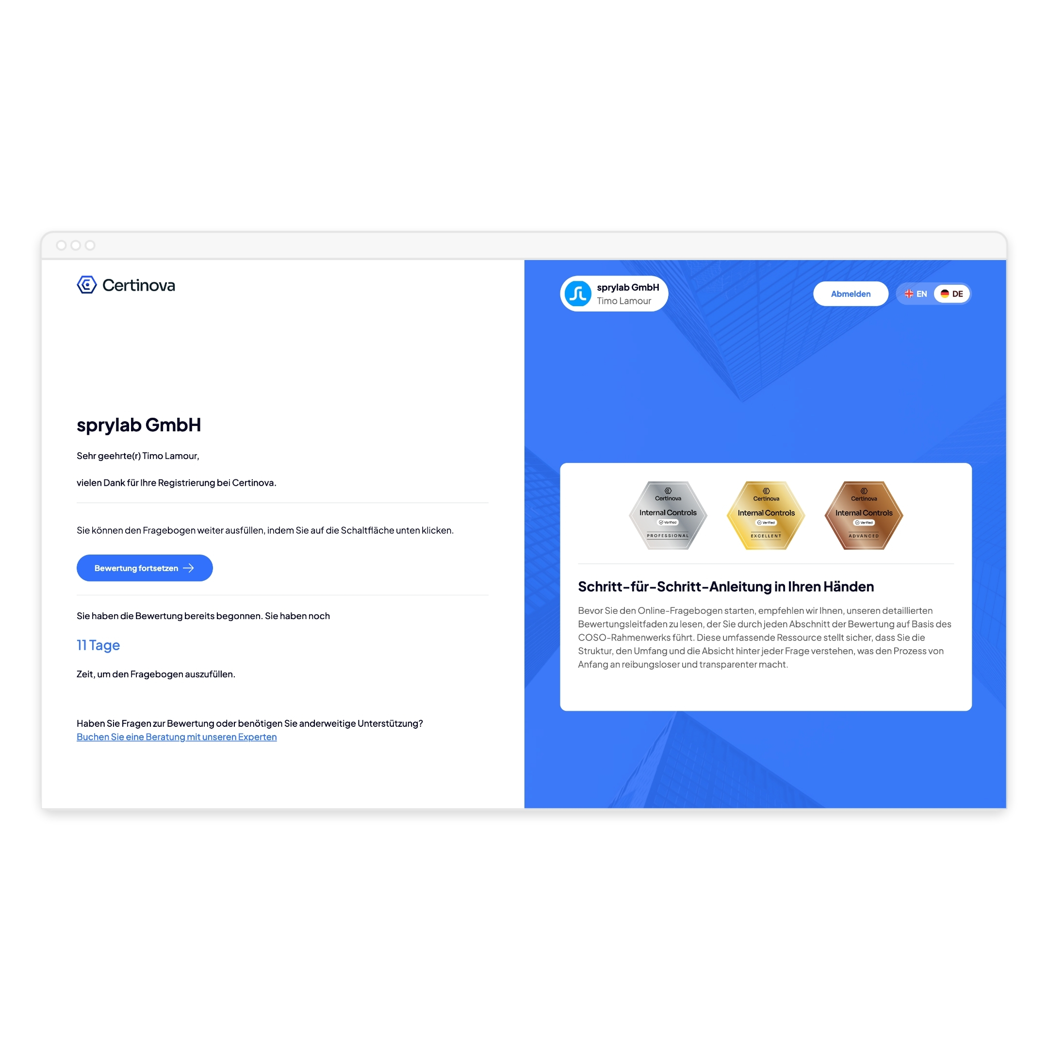 Certinova Dashboard – IKS-Bewertung fortsetzen mit Schritt-für-Schritt-Anleitung