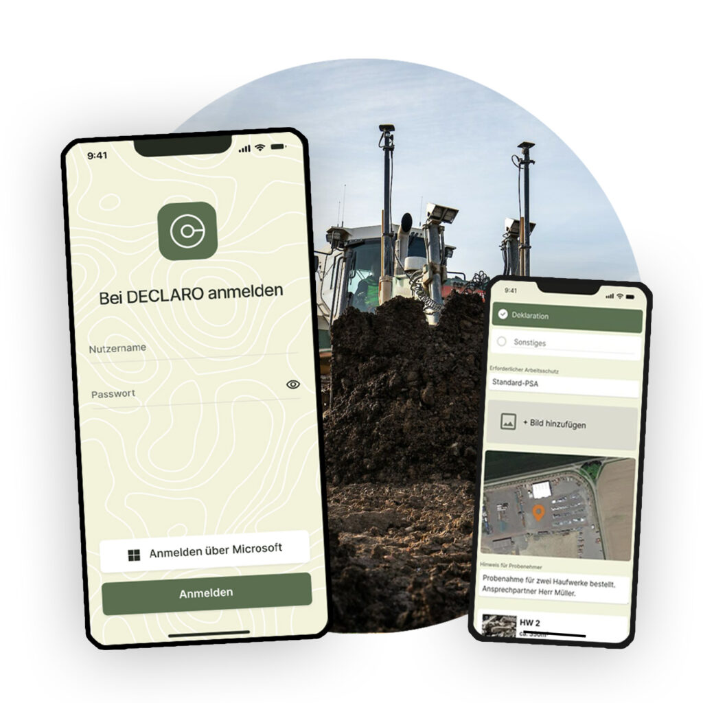 DECLARO-App auf zwei Smartphones mit Login-Screen und Deklarationsansicht vor Baggerarbeiten auf einer Baustelle