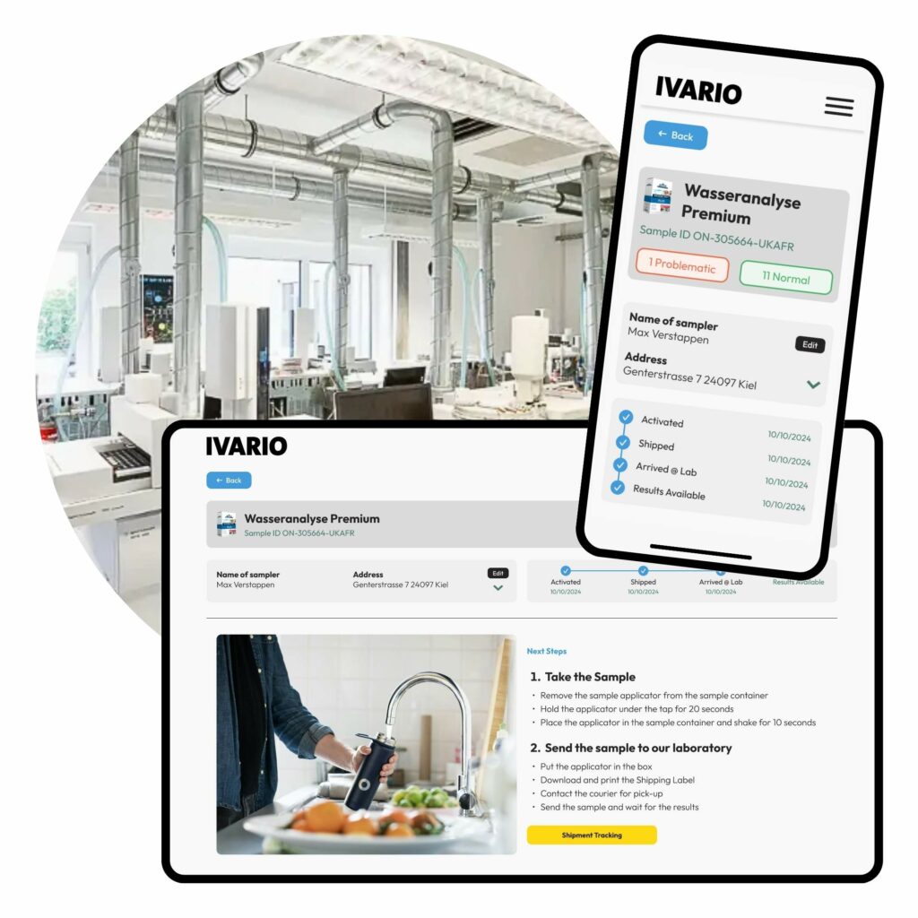 IVARIO-Plattform auf Desktop und Smartphone mit Wasseranalyse-Tracking, Probenanleitung und Laboransicht