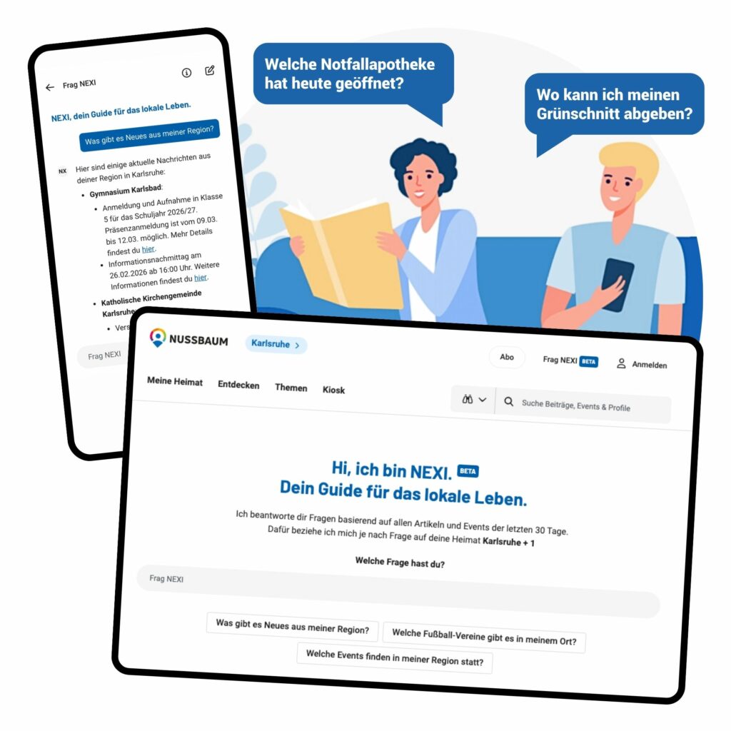 NEXI-Chatbot von Nussbaum Medien auf Smartphone und Desktop mit lokalen Fragen zu Events, Nachrichten und Services
