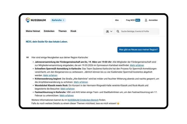 NEXI-Chatbot zeigt aktuelle lokale Nachrichten aus Karlsruhe mit verlinkten Artikeln zu Events und Stadtinfos