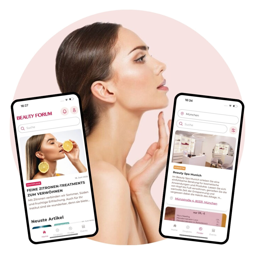 Beauty Forum App auf zwei Smartphones mit Hautpflege-Artikeln und lokalem Kosmetikstudio-Finder