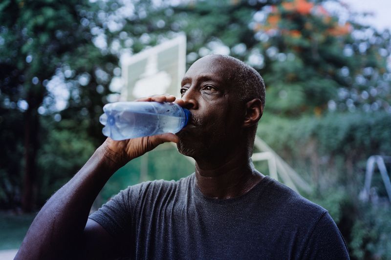 Mann trinkt Wasser beim Sport