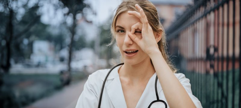 Junge Medizinstudentin macht Handzeichen bzw. fokussiert etwas